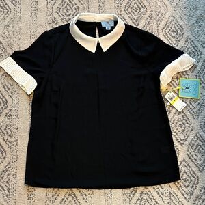 CeCe Black Blouse with White Pleated Trim